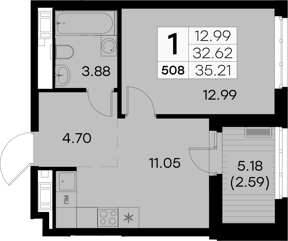 1-комнатная квартира 35.21 м², 8/8 эт., ЖК «Glorax City Балтийская»